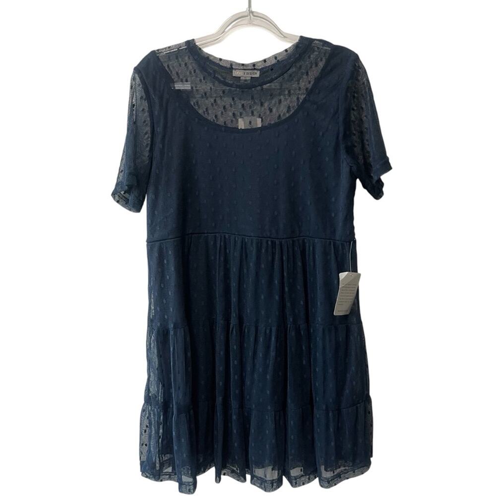 Love by Design Short Sleeve Crew Neck Pin Dot A Line Mini Dress Navy Size XL